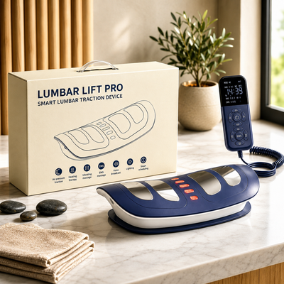 LumbarLift Pro back lumbar massager with ergonomic design and adjustable settings, shown in use on a person's lower back.