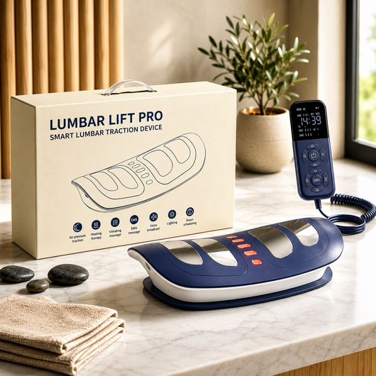 LumbarLift Pro back lumbar massager with ergonomic design and adjustable settings, shown in use on a person's lower back.