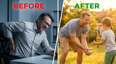 Side-by-side image showing a man using the LumbarLift Pro back lumbar massager for relief and improved posture.