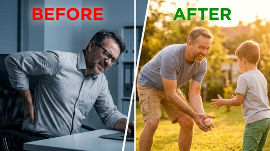 Side-by-side image showing a man using the LumbarLift Pro back lumbar massager for relief and improved posture.