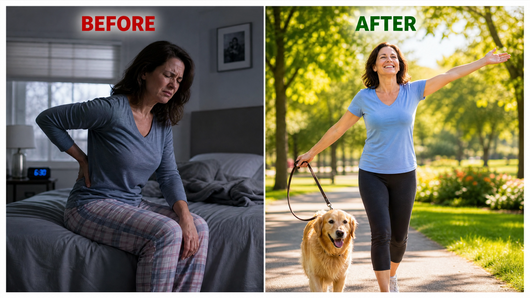Woman using LumbarLift Pro back lumbar massager, showing before and after relief on her lower back.