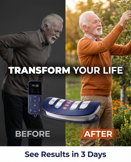 LumbarLift Pro back relief lumbar massager with ergonomic design and adjustable settings, shown in use on a person's lower back.